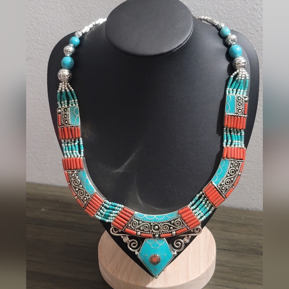 Striking Tibetan Turquoise and Coral Statement Necklace